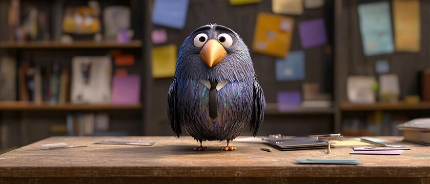 Animated bird character, likely from a movie or cartoon, sits at a wooden desk in an office-like setting