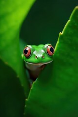 Obraz premium Emerald green frog's eye peering through lush green leaves, animal, texture