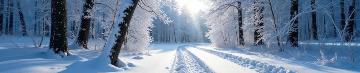 Fototapeta premium Frosty forest scene with snow-covered white wood , forest, snow, frost