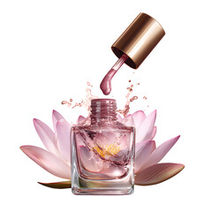 Pink Nail Polish Splash with Lotus Flower and Glass Bottle Isolated on Transparent Background

