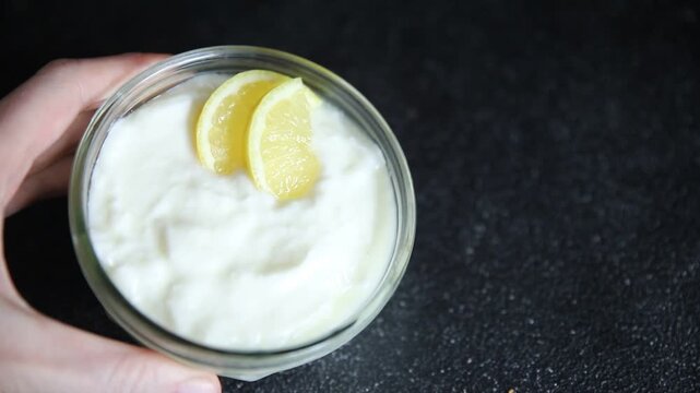 Lemon yogurt natural product skyr sour milk skir fresh delicious gourmet food background on the table rustic food top view copy space keto and paleo diet vegetarian food