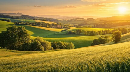 Scenic rural landscape at sunset.