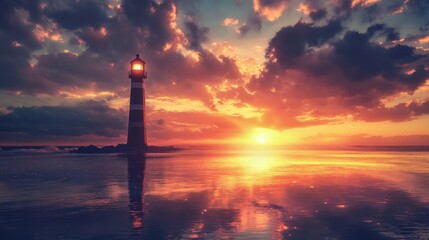Dramatic sunset over the ocean with a lighthouse.