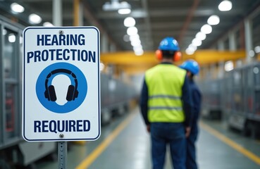 Warning sign mandates hearing protection in industrial zones. Two workers in hard hats, safety vests visible in background, suggesting compliance. Signage indicates auditory safety requirements for