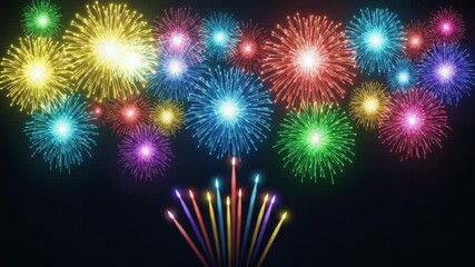 A spectacular display of colorful fireworks illuminates the dark night sky with vibrant explosions of light, creating a festive atmosphere for celebration - Powered by Adobe