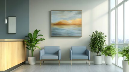 Fototapeta premium Modern waiting area interior design with chairs plants and artwork for office or medical space design