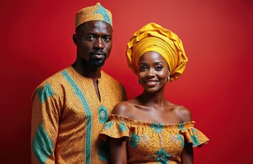 Obraz premium Smiling African couple in vibrant traditional attire against bold red background. Man wears orange dashiki with green accents, matching cap. Woman sports off-shoulder top with matching yellow gele