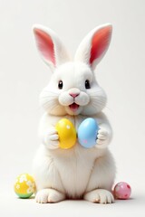 Obraz premium Fluffy white Easter bunny holding colorful eggs against a pure white backdrop , painted eggs, background, colorful