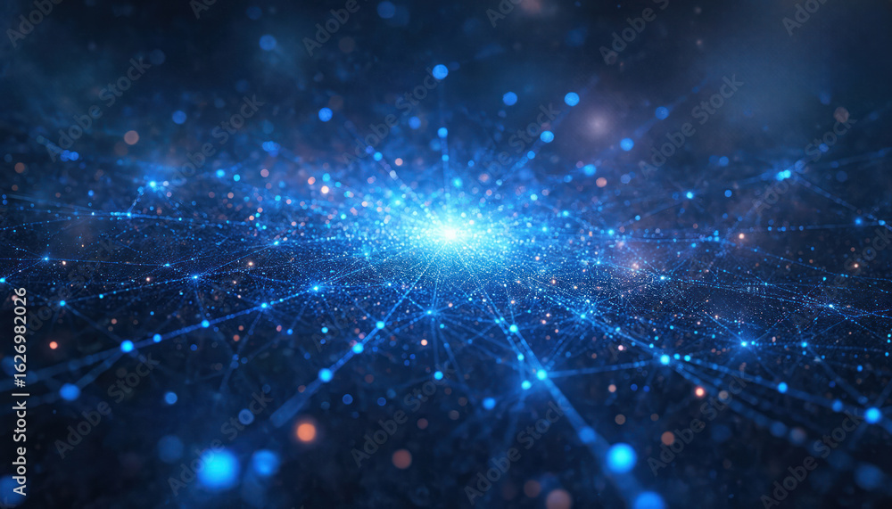 Poster vast cosmic network with glowing blue threads connects celestial patterns across a starry background