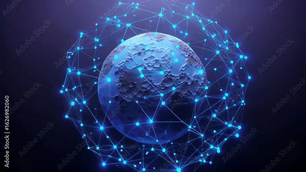 Aufkleber dynamic orbiting view of a textured blue planet surrounded by interconnected technology