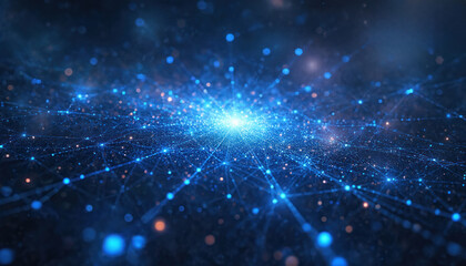 Obraz premium Vast cosmic network with glowing blue threads connects celestial patterns across a starry background. Infinite universe illustrates ethereal light, dark matter, and space exploration concepts.