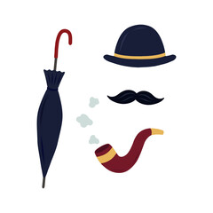 Vector set for a gentleman: hat, smoking pipe, mustache, umbrella.
