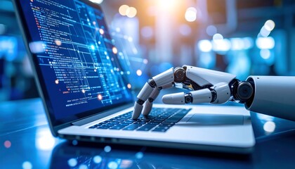 Robotic Hand Typing on Laptop with Code Displayed, Futuristic Technology Concept