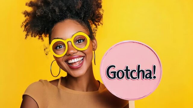Playful expression with yellow glasses and gotcha sign against vibrant yellow background