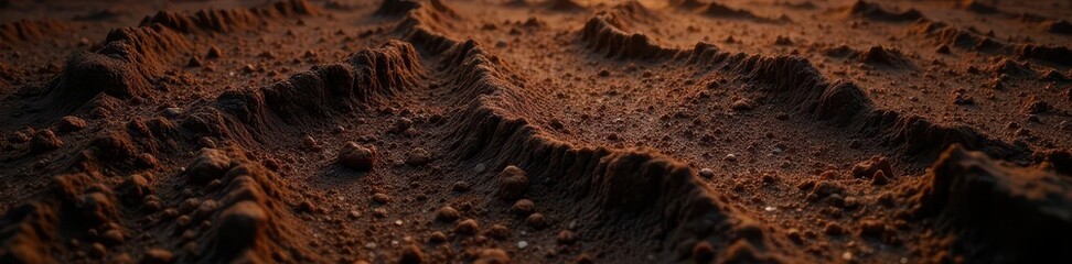 Fototapeta premium Dark brown earth texture, rich in organic matter, deeply furrowed , textured, loam