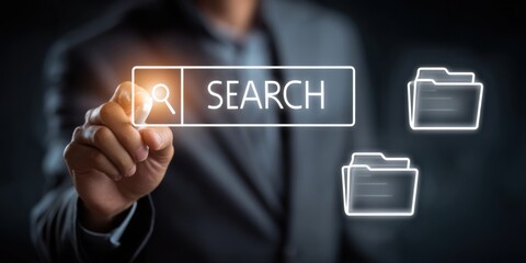 Business professional interacts with digital search interface in modern office environment