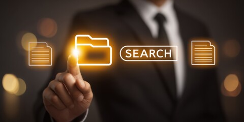 Business professional conducting a digital search for files while interacting with a virtual interface at an office setting