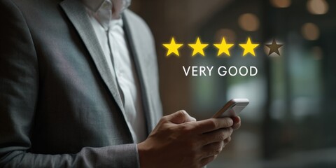 Business professional checks ratings on smartphone while wearing a suit in a modern office setting