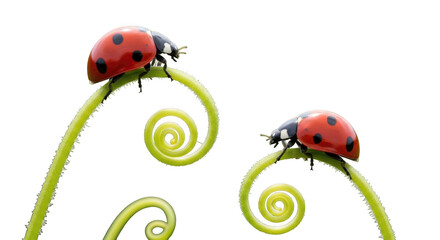 Two ladybugs are perched on vibrant green, spiraling plant stems isolated on transparent background
