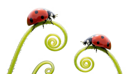 Two ladybugs are perched on vibrant green, spiraling plant stems isolated on transparent background