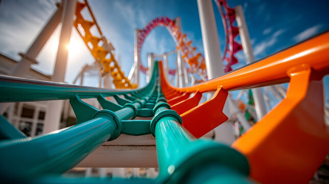 Multiple roller coaster tracks intertwining in colorful amusement park under sunny sky - Powered by Adobe
