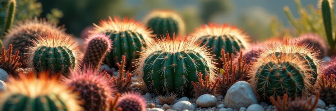 Echinocereus cylindrical cacti grouped among Tillandsia plants, desert, tillandsia, foliage