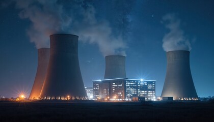 Modern nuclear power plant at night. Large cooling towers emit steam under a starry sky. The illuminated facility represents clean, sustainable energy technology and industrial innovation.
