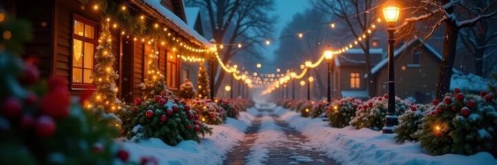 Yuletide lights dance amidst verdant garlands, snowflake, blue background
