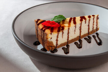 Baked cheesecake with graham crust and chocolate sauce, garnished with mint leaf and flower on a ceramic plate in soft daylight