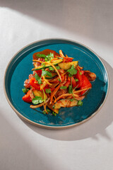 A colorful and appetizing Asian-style warm salad featuring tender pork, vibrant bell peppers, fresh cucumbers, and fragrant cilantro on a dark teal plate