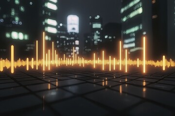 Abstract Urban Cityscape with Glowing Light Waves at Nighttime Illuminating the Structures