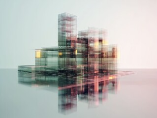 Futuristic Digital Cityscape with Reflective Architecture and Soft Pastel Hues