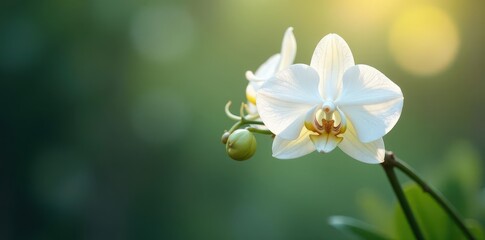 Obraz premium Delicate white orchid blooms in misty morning , White Flowers, Orchids