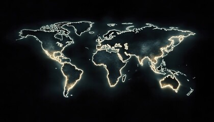Illuminated World Map on Black Background Highlighting Continents with Glowing Outlines