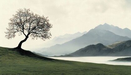 Solitary Tree and Majestic Mountains Amidst Misty Landscape in Daylight