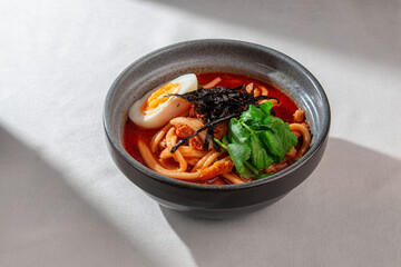 A delicious and vibrant bowl of spicy Asian ramen noodles, garnished with a perfectly cooked half-boiled egg, nori seaweed, and fresh cilantro
