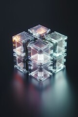 Futuristic Glass Cube Design with Illuminated Geometric Structures