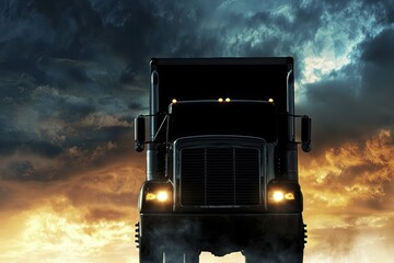 Majestic Truck at Sunset with Dramatic Skies and Illuminated Headlights Dominating the Scene
