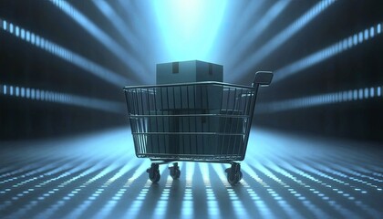 Futuristic Shopping Cart with Box Amidst Technological Light and Patterns