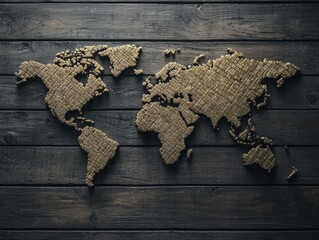 Unique Wooden World Map Art with Textured Vintage Aesthetic on Dark Wood Background