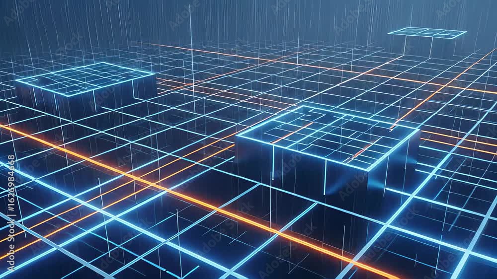 Poster dynamic overhead view of a futuristic grid landscape showcasing advanced technology elements and vib
