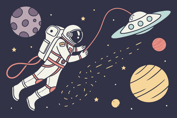 Astronaut floating in space towards a ufo with planets and stars