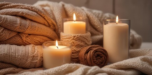 Cozy knit throws stacked, cream candle  Hygge vibe  Warm earth tones and soft textures , woven, home decor, hygge