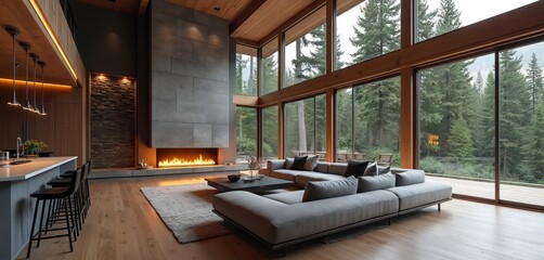 Modern mountain home living room boasts large windows, sleek fireplace, plush sectional sofa. Natural wood elements complement stone accents. Open plan design connects to kitchen area, creating warm,