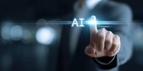 Business professional interacts with digital AI interface in modern office environment at night