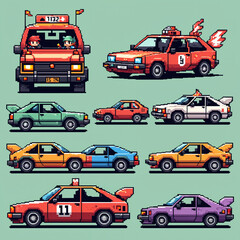 Naklejka premium gameart illustration 80s-style pixel car, as sprites for a racing game