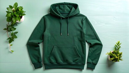 Forest green hoodie on mint background with plants