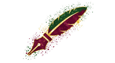 Artistic illustration of a classic feather quill pen with colorful ink splatters. A symbol of writing, literature, poetry, and knowledge on a white background