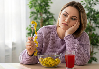 Woman looking at measuring tape on fork. A sad portrait of unhealthy obsession with weight loss. Body image issues, eating disorder, self-esteem.