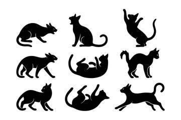 Collection of black cat silhouettes in various poses isolated on white background